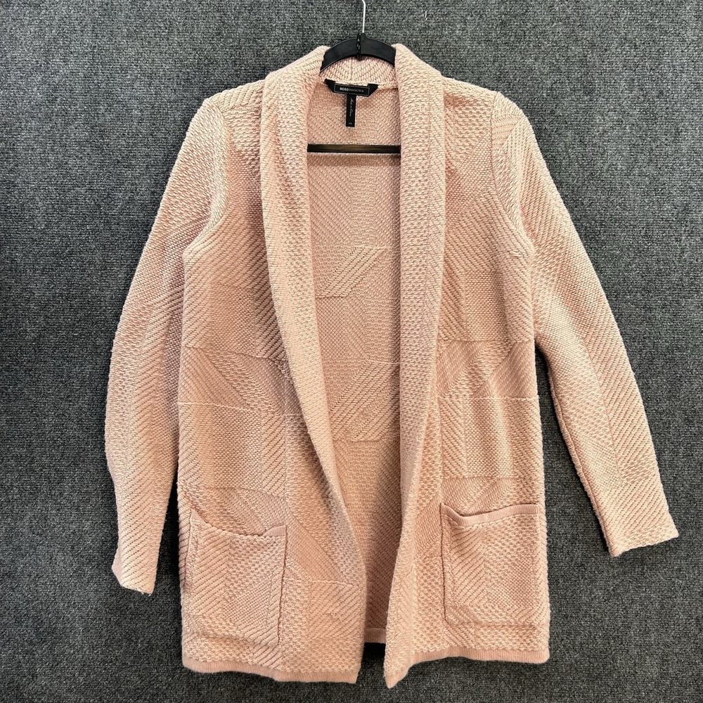Vtg BCBG MaxAzria XS Knit Sweater Cardigan Duster Wool Blend Pink Business Work